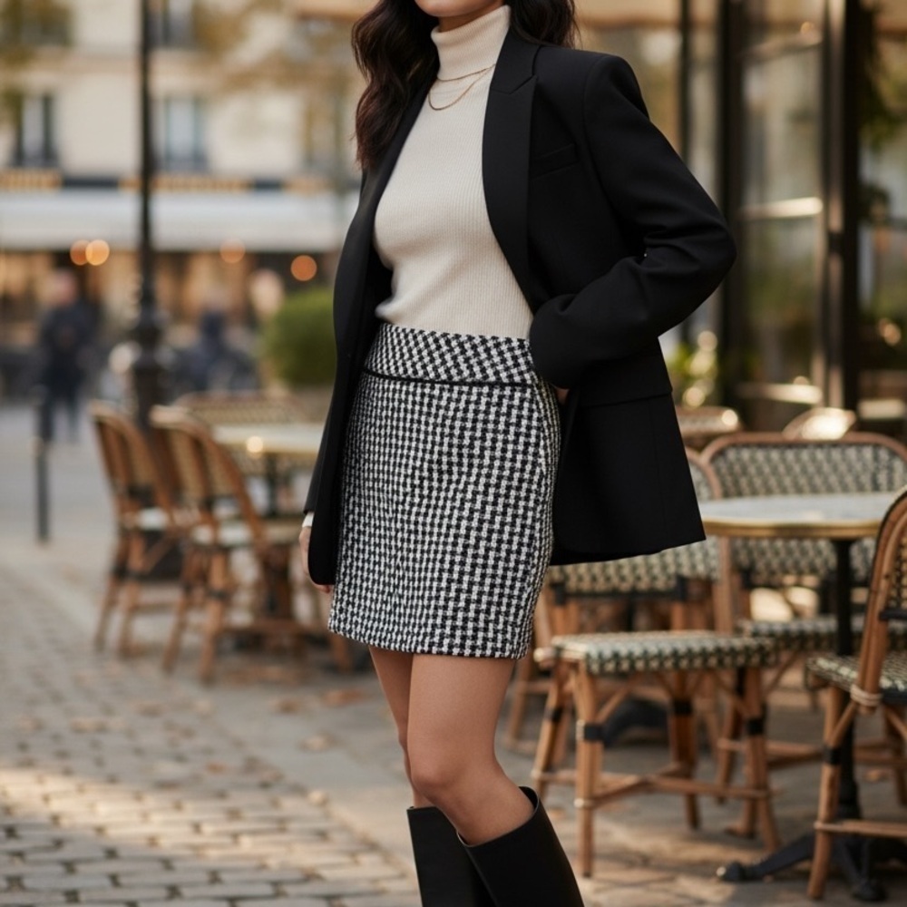 LOFT Black & White Textured Mini Skirt | Preppy Classic | Size 8